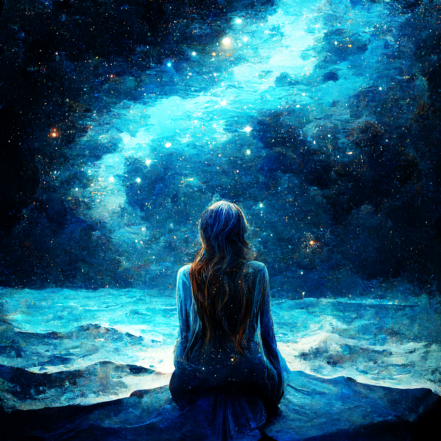 a woman stands in the ocean, looking at galaxies